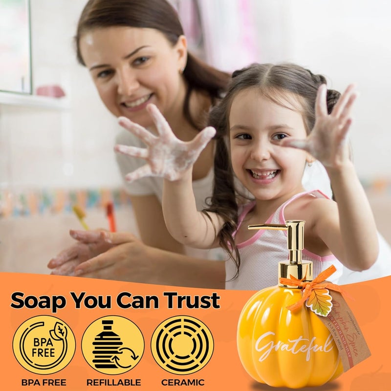simple pleasures Grateful Pumpkin Spice Scented Liquid Hand Soap Dispenser - Autumn & Halloween Ceramic Novelty Decorative Refillable Hand Pump for Kitchen Countertops and Bathroom Sinks - Image 5